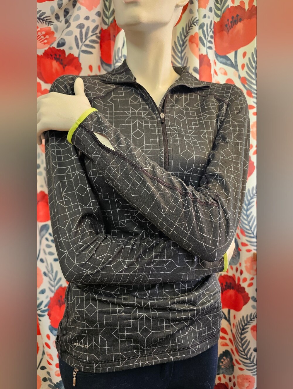 Nike Black Geo-Print Long Sleeve Zip Top with Neon Yellow Cuffs